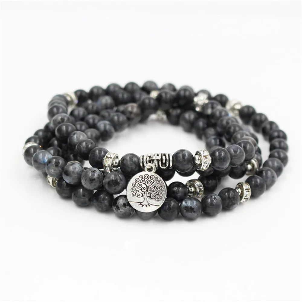 

Natural Labradorite Wrap Bracelet Trendy Flash Stone Men 108 Mala Yoga Bracelet or Necklace Tree of Life Charm Healing Bracelet