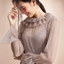 Летняя женская модная сексуальная Прозрачная черная футболка в горошек Топы,, Женский Повседневный стиль, расклешенный рукав, брендовые футболки