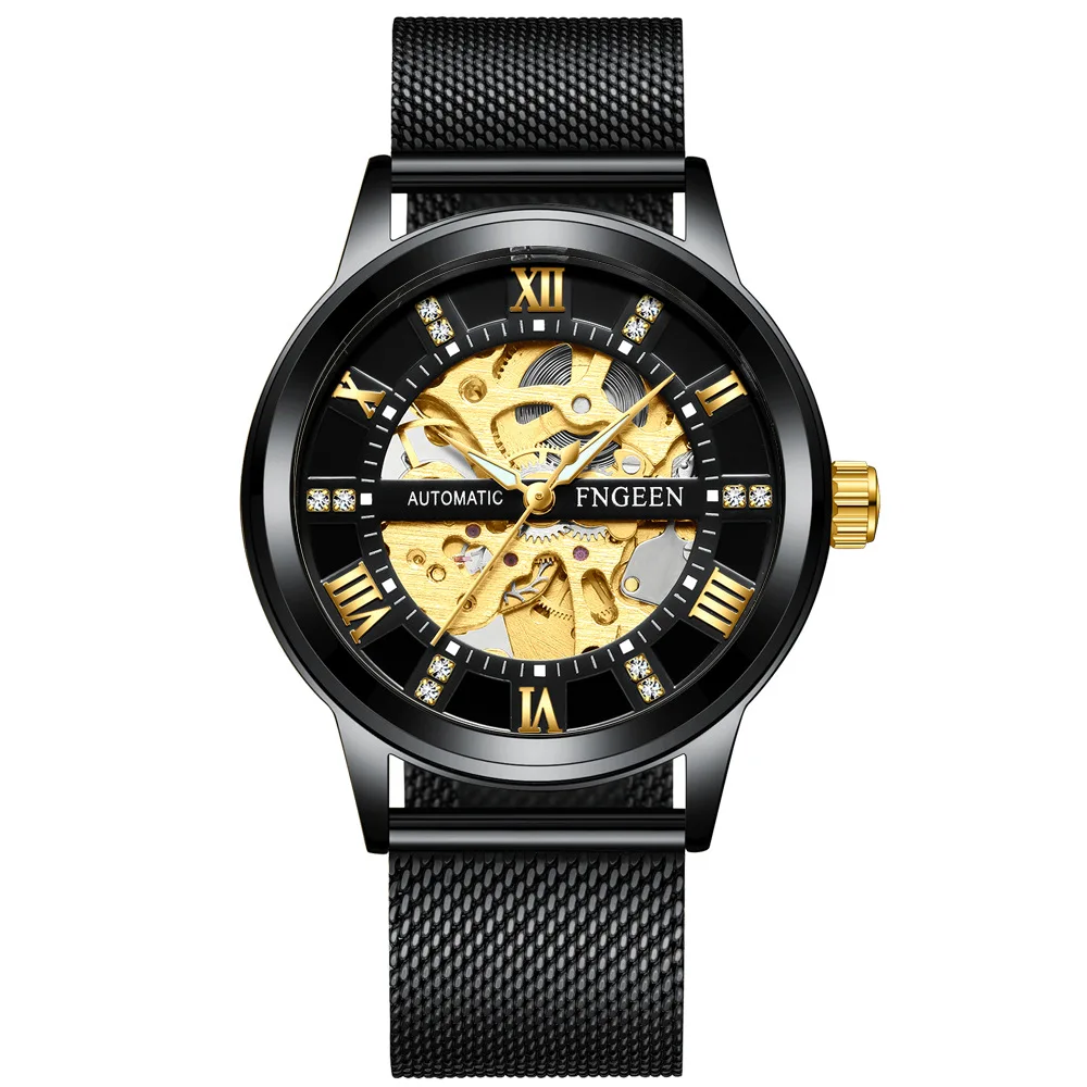 

New Luxury Automatic Watch Men Mesh Stainless Steel Waterproof Slim Mechanical Wristwatches Rhinestone FNGEEN Clock Reloj Hombre