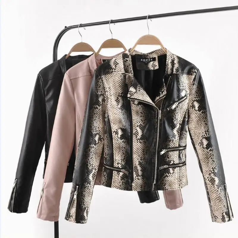 

New 2019 Spring Autumn Laides Biker Jacket Fashion Slim Long Sleeved Snakeskin Printing Moto Short Coat Women Pu Leather Jackets