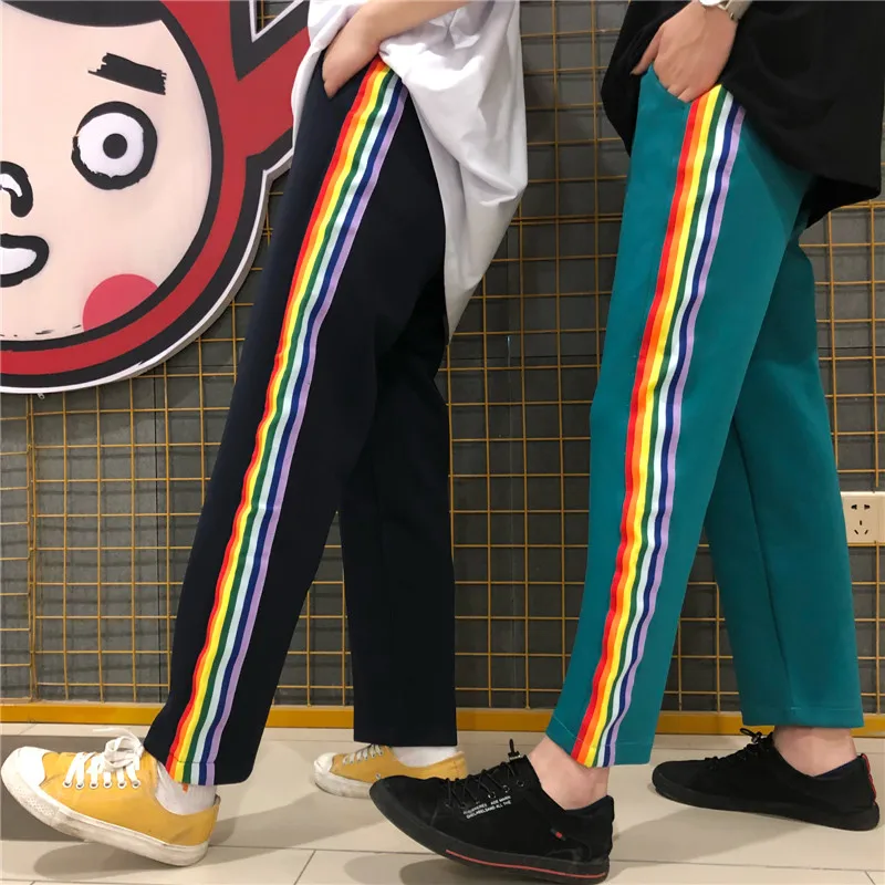 

Spring Summer Cloting Women Casual Loose Trousers 2018 Korean Ulzzang Bf Harajuku Striped Rainbow Wide Leg Pants