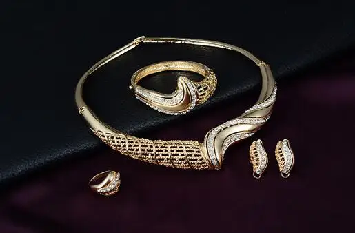 Модный дизайн Африканский Элегантный золотой цвет Ювелирные наборы для женщин Свадебная вечеринка свадебное ожерелье серьги браслет кольцо наборы подарок