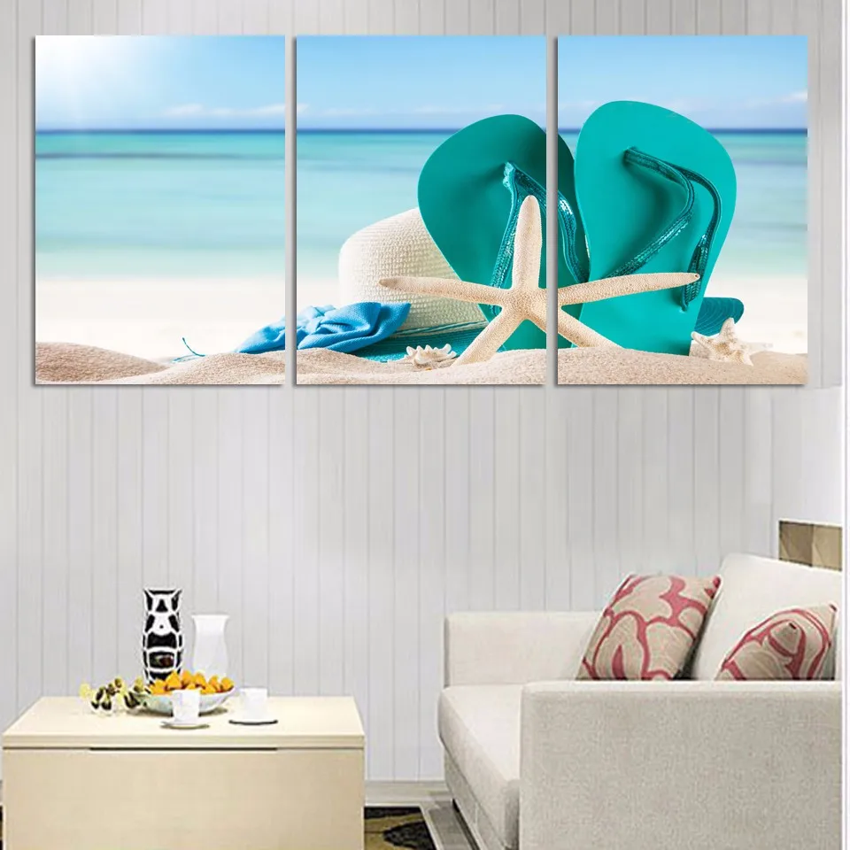 

Modern Painting On Canvas Home Decoration 3 Panel Beach Starfish Slippers Poster Frame Living Room Wall Art Pictures HD Printed