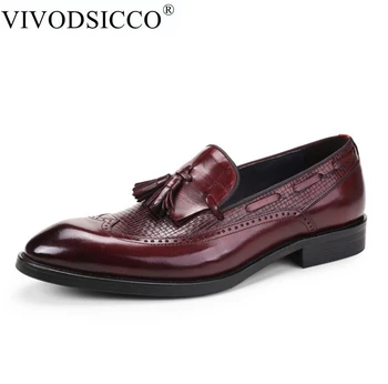 

VIVODSICCO Fashion Genuine Leather Slip On Men Formal Shoes With Tassel Black Win Red Wedding Party Banquet Dress Footwear