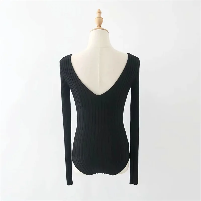 bodysuit women Women Double V Neck Ribbed Knit Bodysuit with Long Sleeve shapewear bodysuit