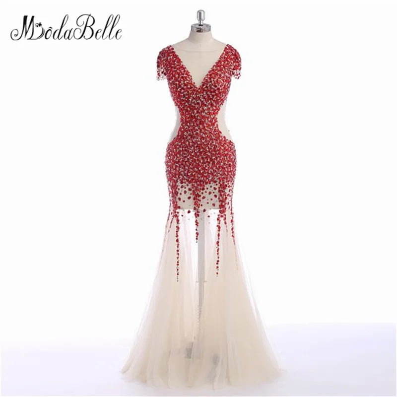 Red Crystal Short Sleeve Prom Dresses Fast Shipping See Through Tulle