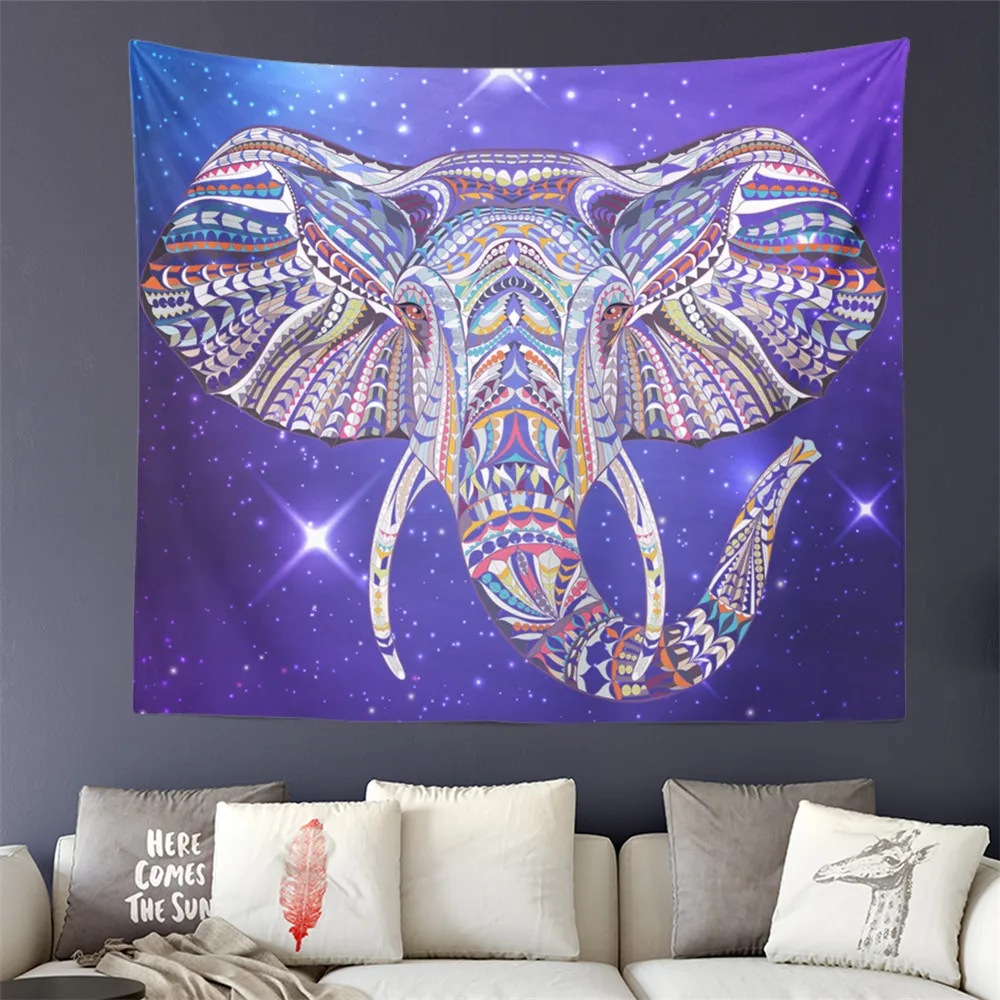 Boho Elephant Pattern Tapestry Galaxy Print Multi Color Wall Hanging White Purple Wall Carpet