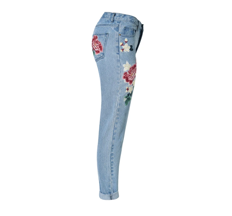 Прямые джинсы с цветочной вышивкой, джинсы с высокой талией женские светло-голубые Джинсы бойфренда женские джинсовые брюки женские большие размеры