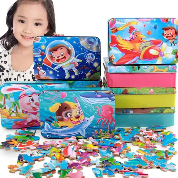 

60 pcs new wooden puzzle Cartoon Toy Iron Box Package kindergarten gift for children 3+ years old LL31