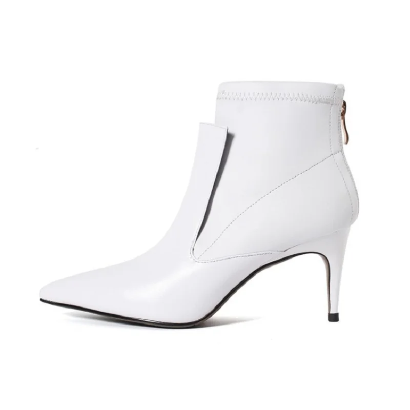 

2019 autumn and winter new British wind pointed Chelsea boots stiletto heel women's booties white 0307