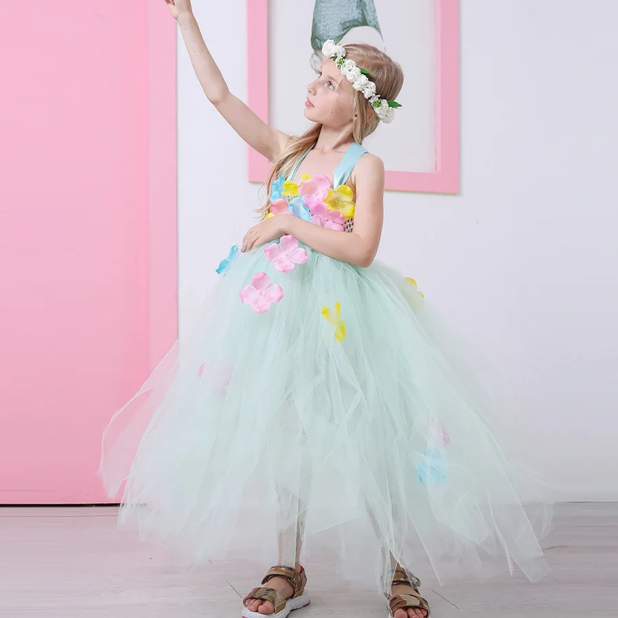 Handmade Flower Fairy Girls Tutu Dress Mint Green Princess Kids Flower Dresses Children Wedding Prom Party Photo Clothing (1)