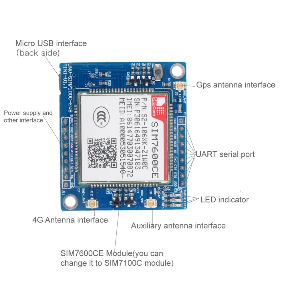 Макетная плата RCmall SIM7600CE 4G модуль для Arduino Raspberry Pi 5 18 в Android Linux Windows GSM/GPRS/EDGE900/1800