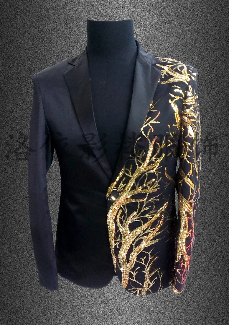 Free ship mens stage performance black/red sequins embroidery golden