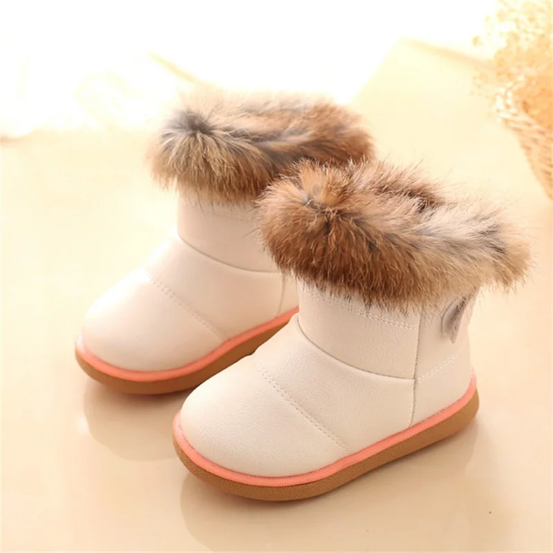 Зимние модные детские ботинки для девочек; теплые плюшевые ботинки с мягкой подошвой для маленьких девочек; удобные детские кожаные зимние ботинки