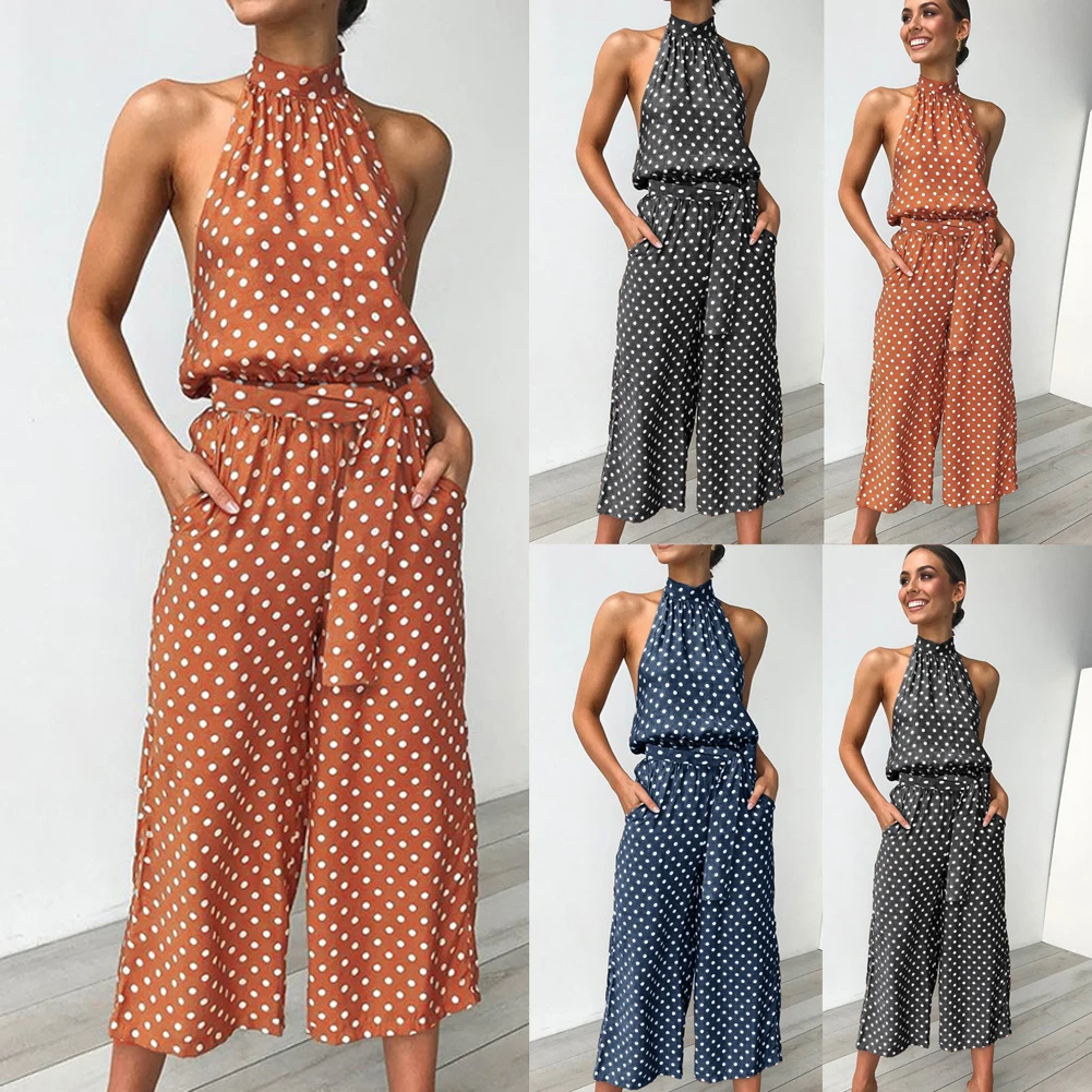 Polka Dots Print Turtleneck Shirred Waist Women Super Comfy Fashion Trendy Boho Print Loose Long Wide Leg Trousers Jumpsuit