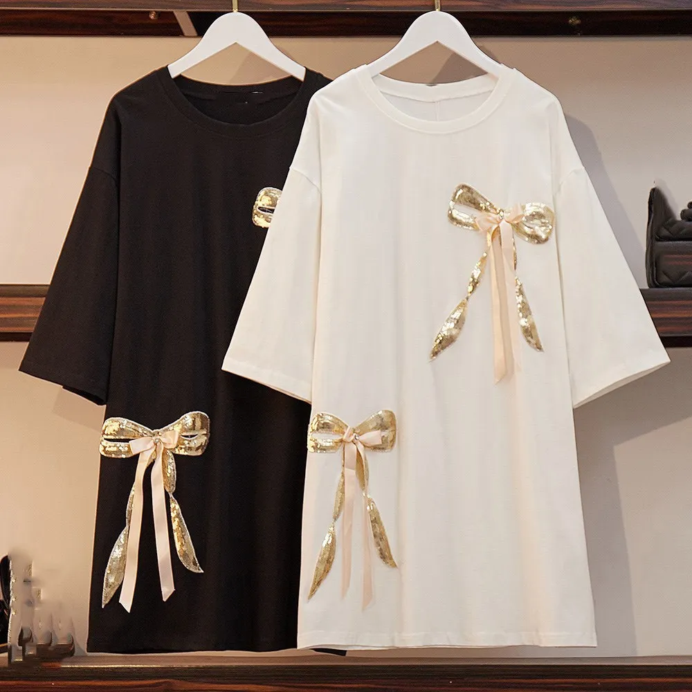 

Fashion 2019 Summer Women Loose Sequin Bow T-Shirt Female Summer Harajuku Casual T Shirt Plus Size Long Tees