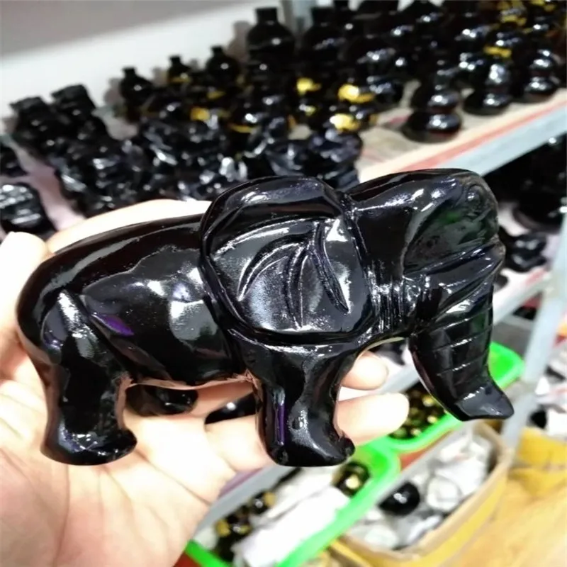 

540g Hand carved black obsidian elephant statue figurine Crystal Lucky animals
