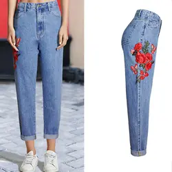 Мешковатые джинсы-бойфренды для Для женщин Высокая Талия Большие джинсы роза цветочные вышитые джинсы Винтаж Для женщин днища джинсовые