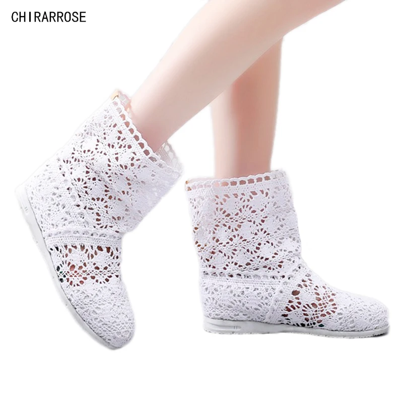 

CHIRARROSE Women Boots Autumn Hollow Knitted Flat Heel Summer Boots Woman's Cool Botas Mesh Breathable Shoes Short White Boots
