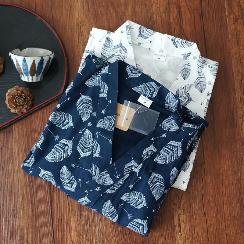 Мужские сексуальные Листья печати 100% хлопок кимоно халат весна простые халаты Длинные рукава SPA повседневные халаты японская одежда для