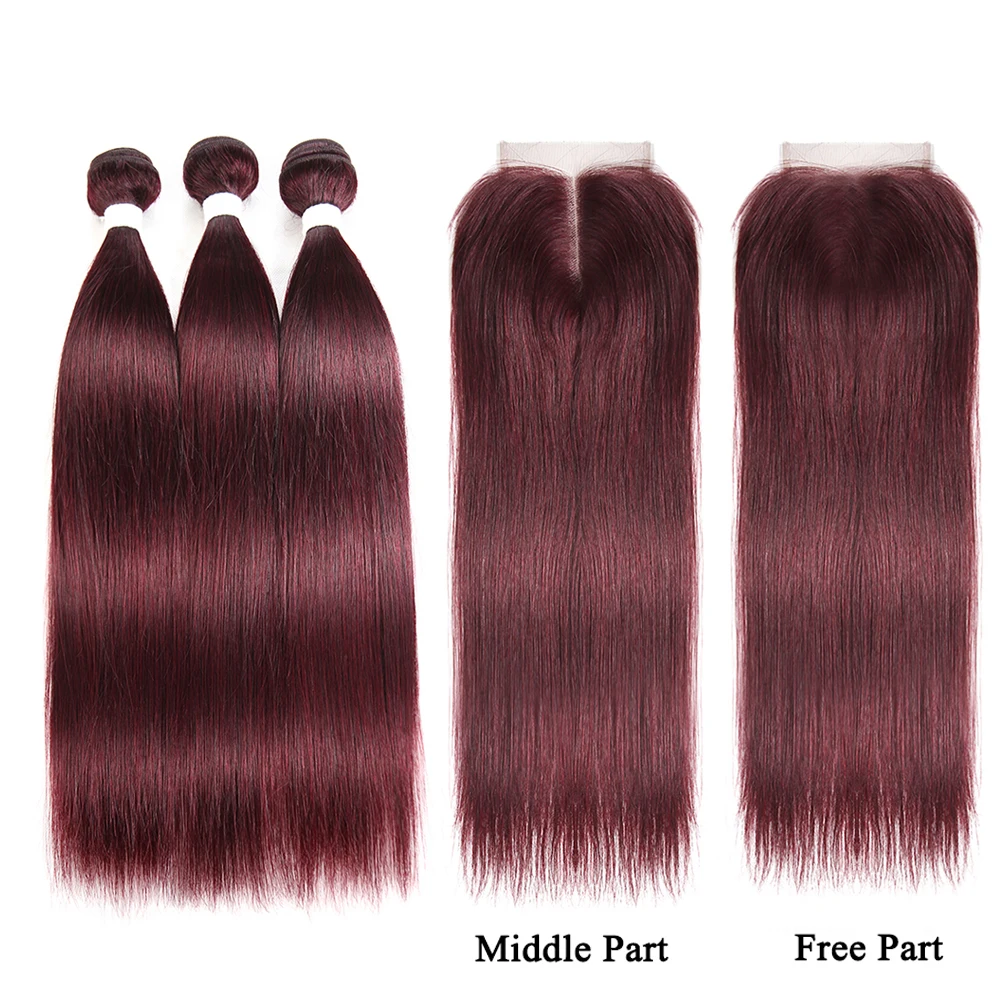 

99J/Burgundy Red Hair Bundles With Closure Brazilian Non-Remy Hair Weave Extension 3 PCS Human Hair Bundles With Closure SOKU