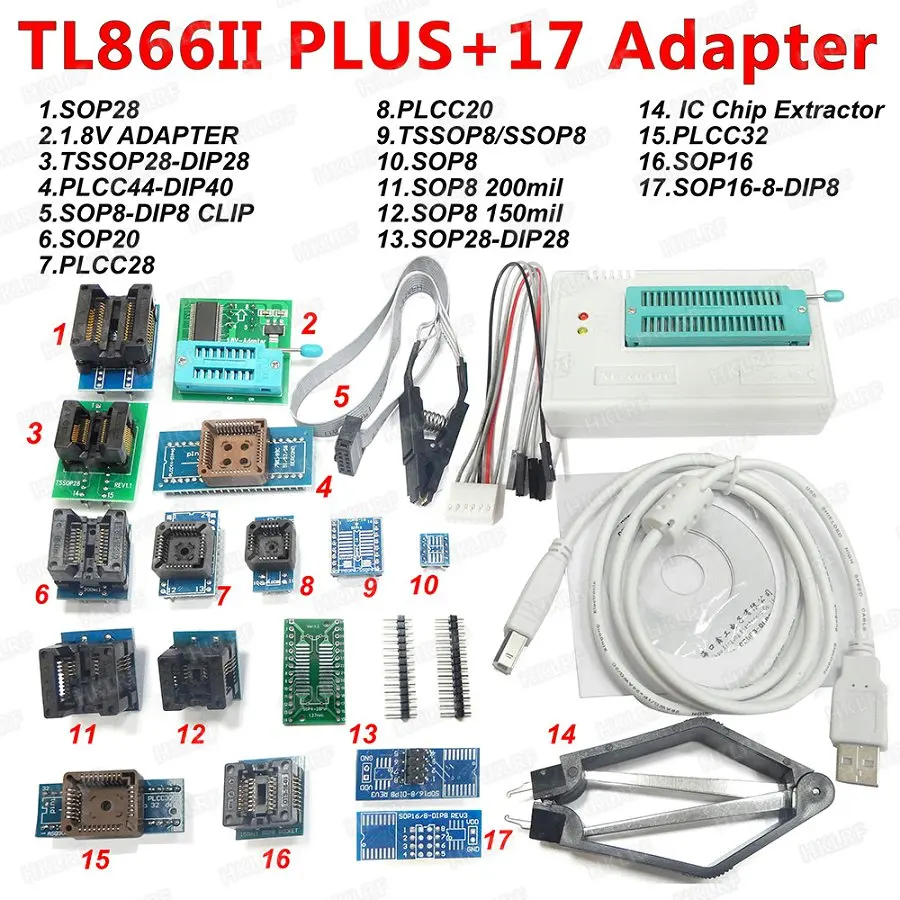 V.9.00 XGECU TL866CS TL866A TL866II ПЛЮС Универсальный USB программатор биос Nand MiniPro программатор 24 25 93 MCU биос EPROM - Цвет: TL866II-17 adapter