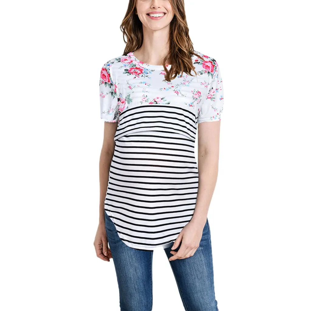 

Comfortable Maternity T-shirt Pregnant Women Mom Pregnant Nursing Baby Short Sleeved Stripe Flower Top T-shirt Maternity Clothes