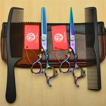 

4Pcs Suit 6'' Purple JP 440C Professional Human Hair Hairdressing Shears Combs + Cutting +Thinning Scissors Dragon Handle Z9003