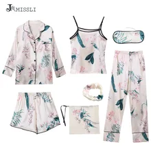 JRMISSLI/женские пижамы из искусственного шелка, гладкие комплекты из 7 предметов, Весенняя женская пижама, штаны, домашний костюм, пижама для сна