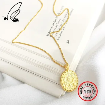 

925 Sterling Silver Sun Pendant Necklace For Women Animal Gold Coin Necklace Clavicular Chain Charms Jewelry Gift Kolye Vintage