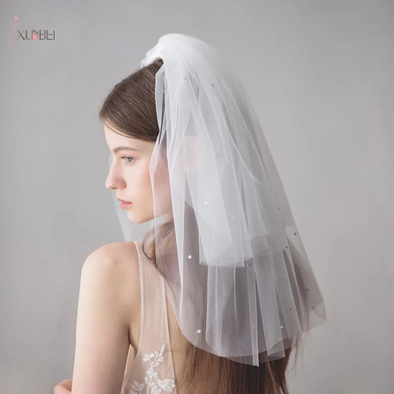 

Two Layer White Ivory Short Wedding Veil With Comb Pearl Soft Tulle Bridal Voile Shoulder Length Wedding Accessories