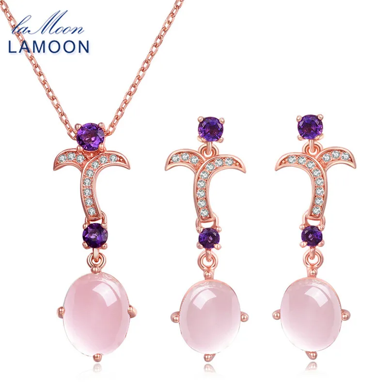 

LAMOON Jewelry Sets for Women 100% Natural Gemstone Oval Rose Quartz 925 Sterling Silver Jewelry Rose Gold-Plated Bijoux V025-2