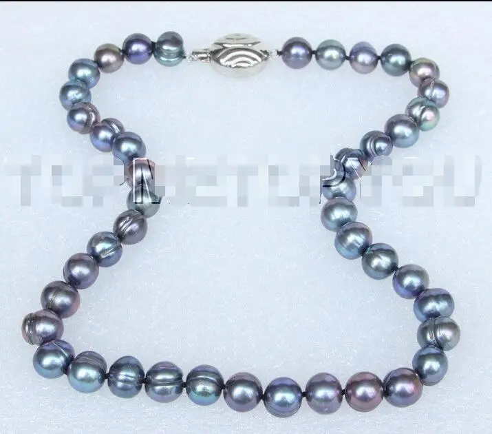 

Free Shipping >> natural 17" 10mm near round peacock black pearls necklace 18KGP clasp E4132