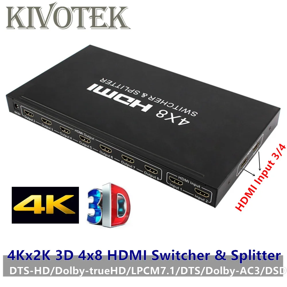 

4Kx2K 3D 4x8 HDMI Switcher/Splitter,IR RC Control Support DTS/Dolby-AC3/DSD,Power Adapter For HDTV Video Display Free Shipping