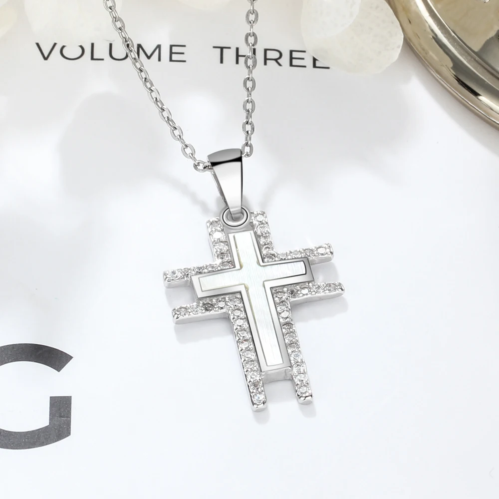 925 Silver Necklace For Women Cross Pearl Oysters Pendants Cubic Zirconia Religious Jewelry Hot Sale (Jewelora NE102574)