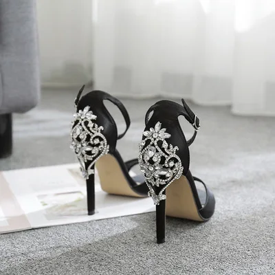 diamond heels Rhinestone Stiletto Lady Sexy Crystal Thin Heels Sandals Shoes Summer Party Dress Pumps Shoes Black Bling Crystal
