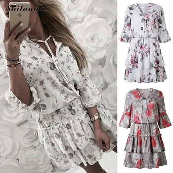 

2019 Spring Summer Woman Boho White Dress Ruffle Floral Printed Mini Dresses Casual Lantern Long Sleeve V Neck Sundress Vestidos