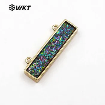 

WT-P1417 Wholesale Custom Gold flicker Natural Druzy Quartz Rectangle Double Loop With Gold Trim Colorful Stone For women