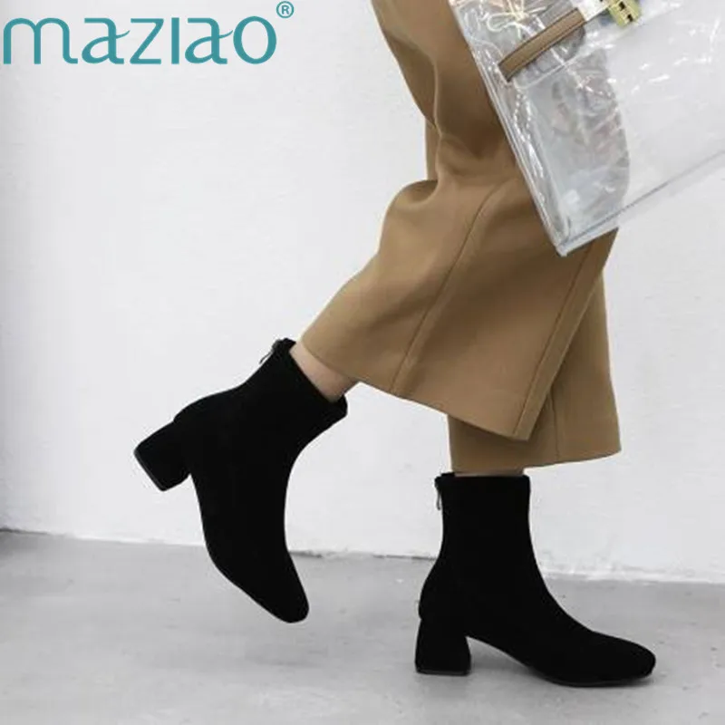 

New Autumn Winter Women Boots High Quality Solid Slip on Ladies Shoes PU Fashion High Heels Slip on Boots MAZIAO