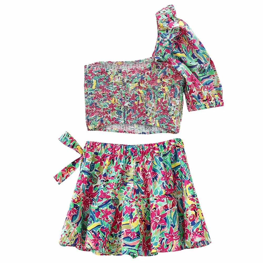 Best TXJRH Stylish Colorful Floral Print Blouse One Sleeve Ruffles Shirt Crop Tops Waist Sashes Tied Bow Shorts Skirts 2 Pieces Set