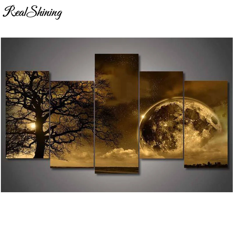 

REALSHINING Diy Diamond Painting Cross Stitch Colored Sunset Tree 5pcs Square Diamond Embroidery 5D Mosaic Home Decor FS1885