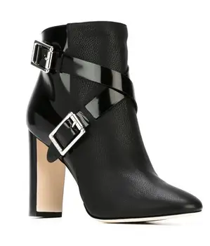 

cool woman black leather belt buckle chunky high heel ankle boots woman chunky high heel short boots