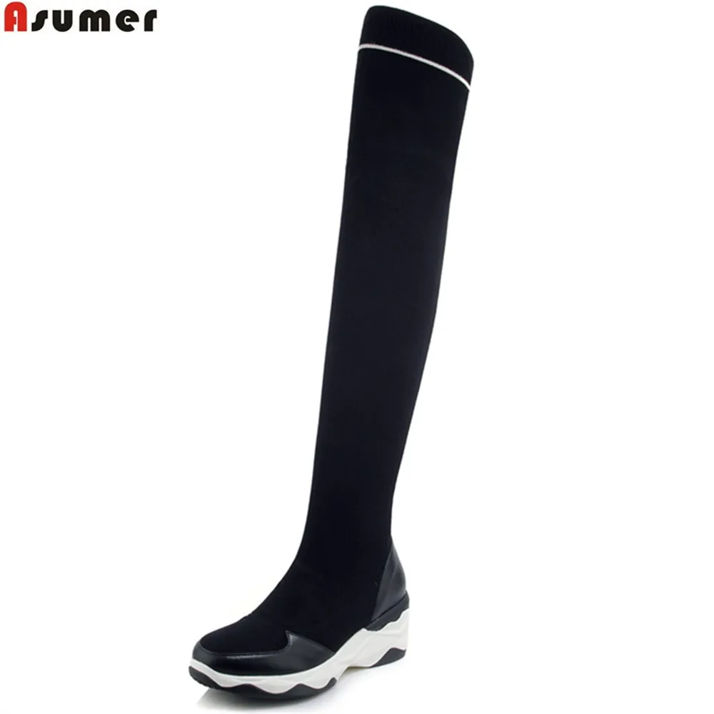 

Asumer fashion black new women boots round toe ladies boots wedges genuine leather+wool boots comfortable over the knee boots
