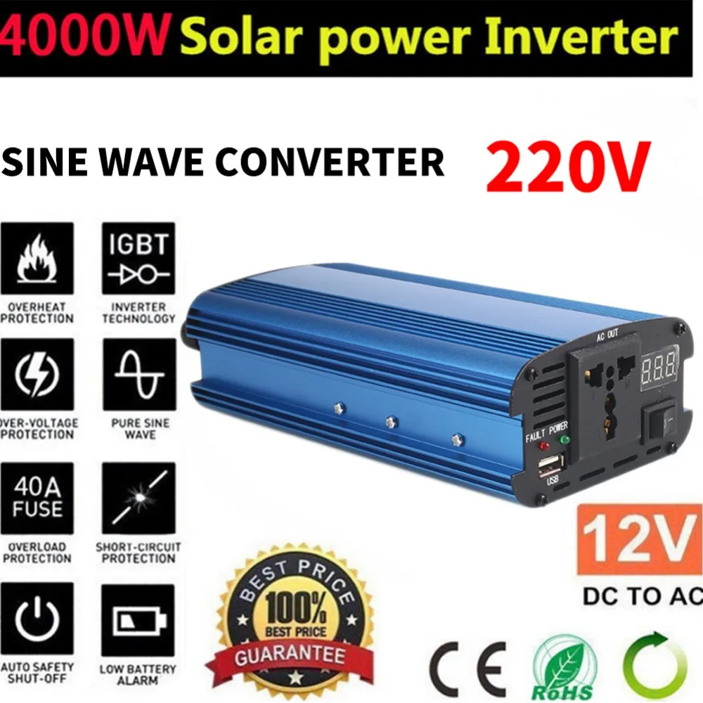 DC12V к AC 220 V 4000 W солнечный инвертор для зарядки автомобильного аккумулятора Чистая синусоида Напряжение трансформатор стабильный бытовой USB