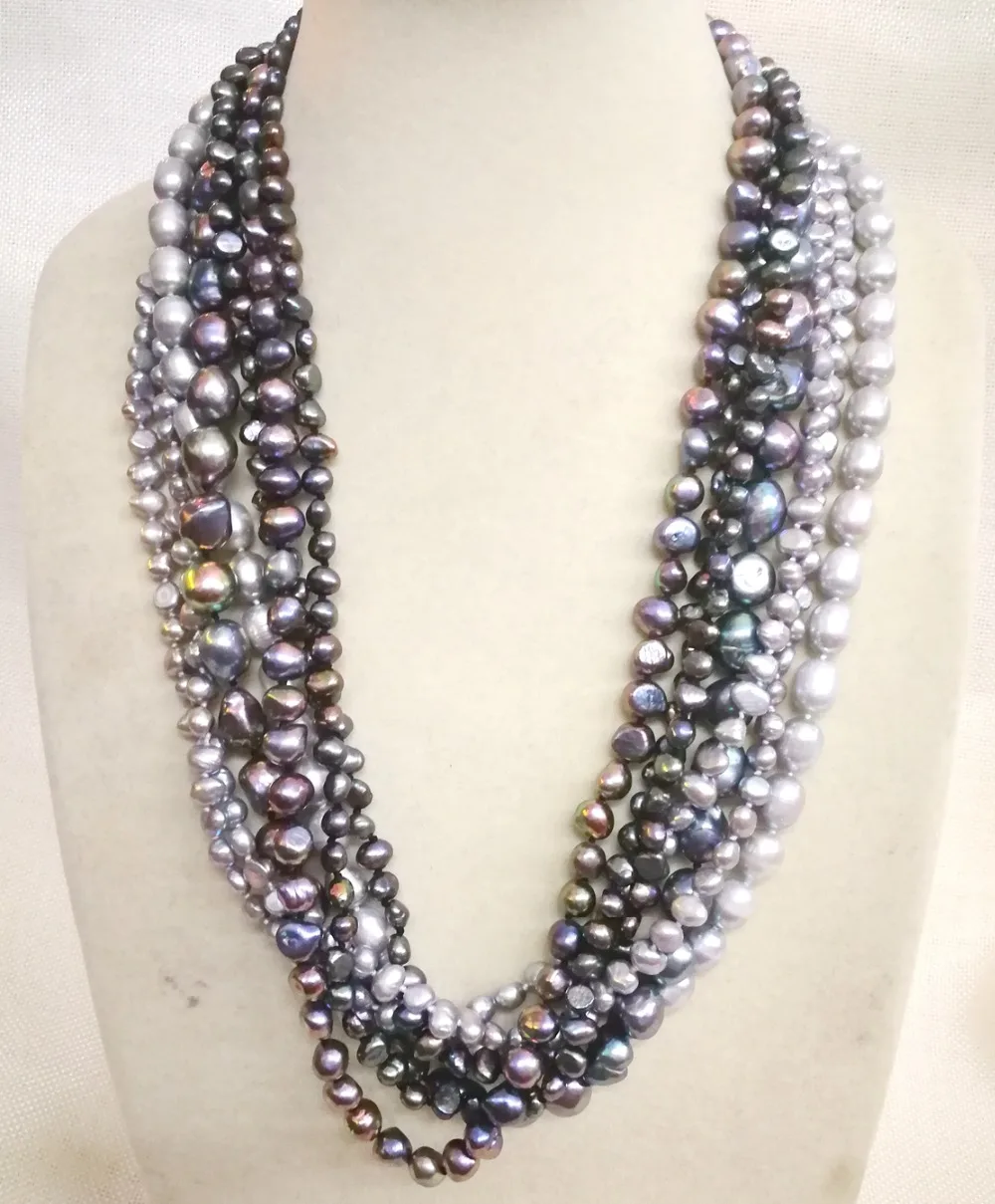 Women Jewelry 7 strands necklace gray black brown pearl baroque