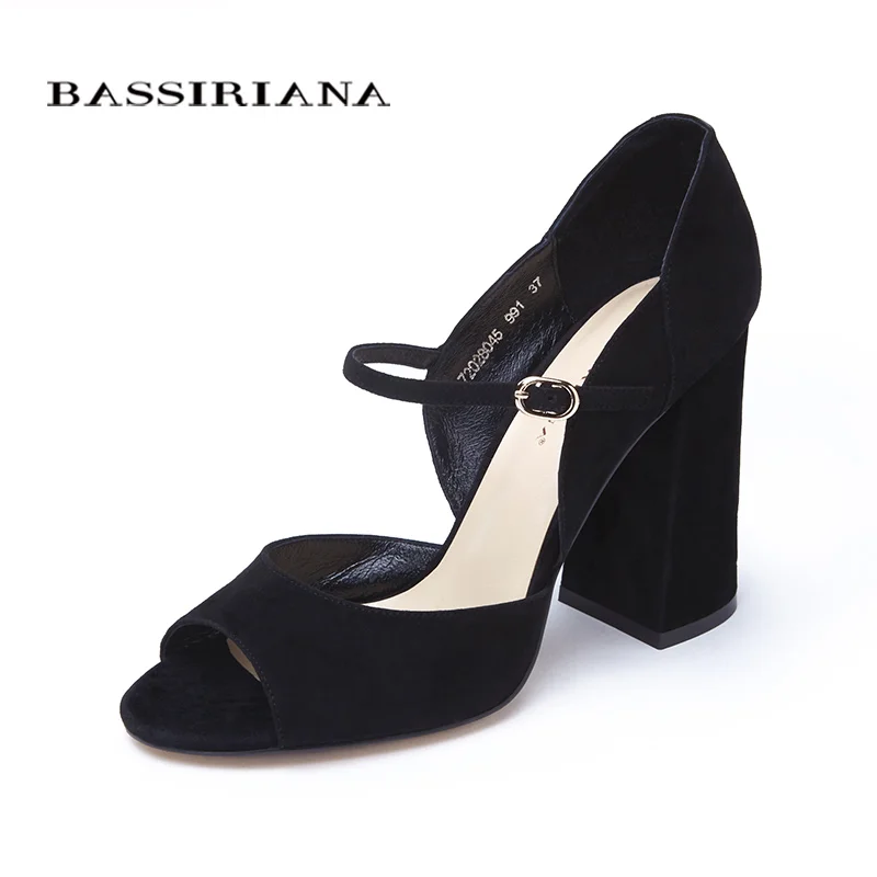 

High heels sandals Genuine leather Solid black bordo Fashion womens shoes Square heel Free shipping size 35-40 BASSIRIANA