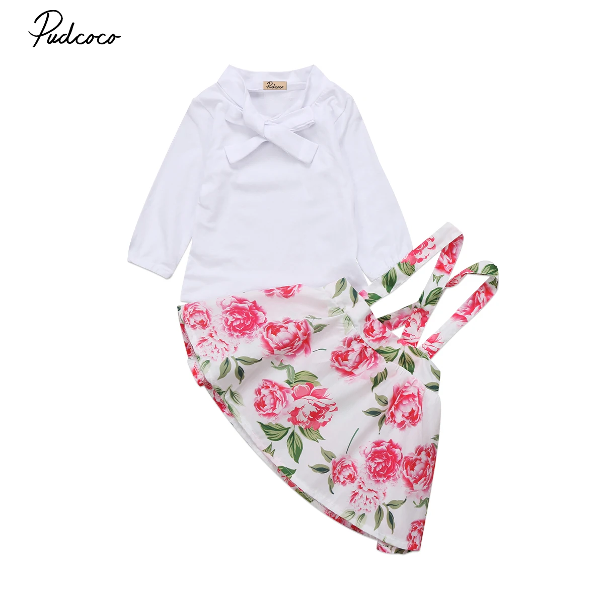 

Lovely Kids Baby Girls Summer Floral Outfits Clothes Long Sleeve White T-shirt Tops+Flower Skirts Overalls Outfits Clothing Set