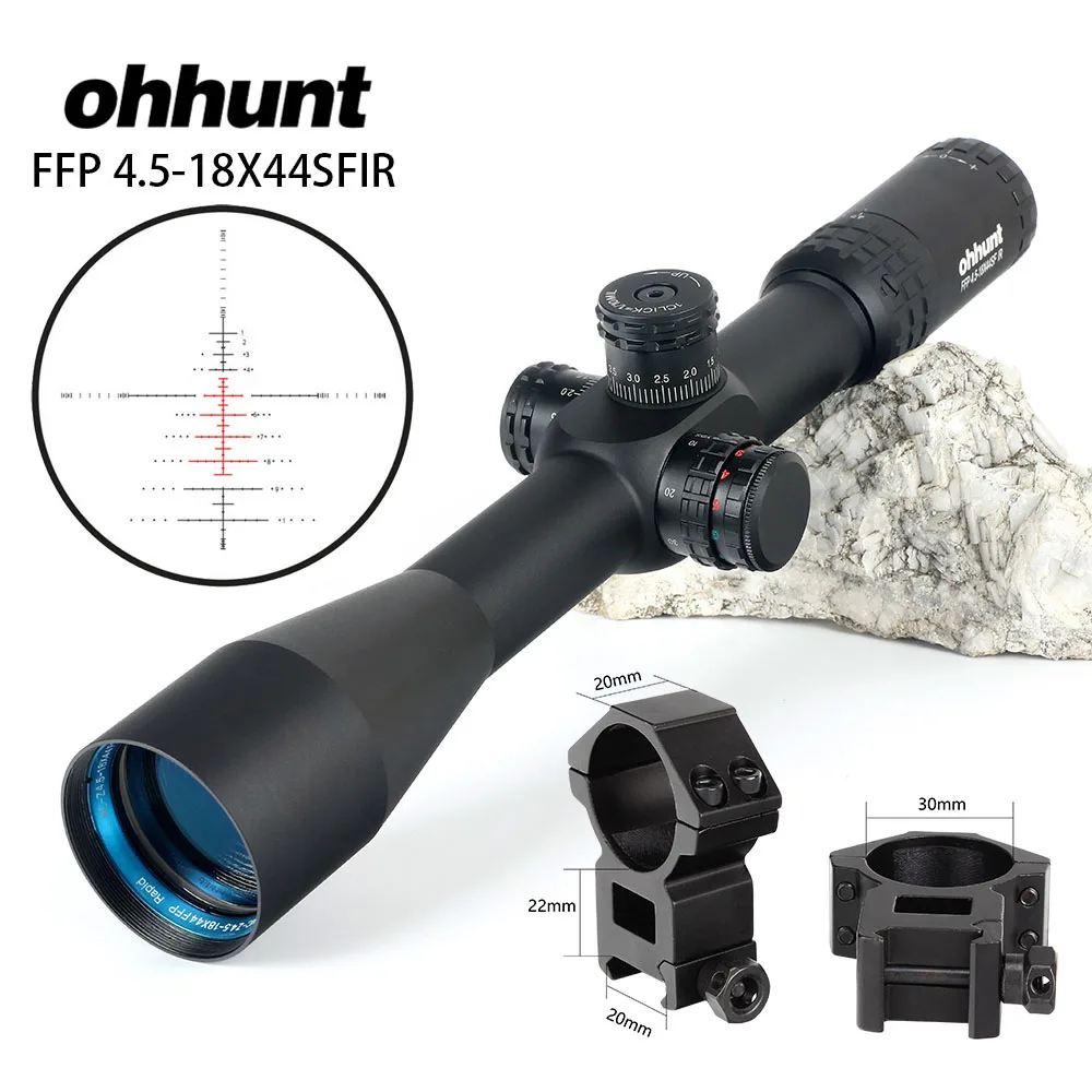 Ohhunt FFP 4,5-18X44 SFIR первый фокальный самолет охотничий оптический прицел боковой Параллакс R/G СТЕКЛО гравированное сетка замок сброс область - Цвет: with-Picatinny Rings