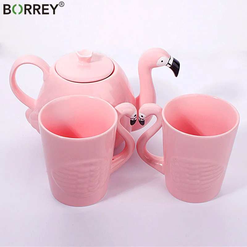 

BORREY Creative Ceramic Teapot Set Flamingo Teacup Set Cute Animal Coffee Cup Pink Porcelain Tea Pot Birthday Gift Decoration