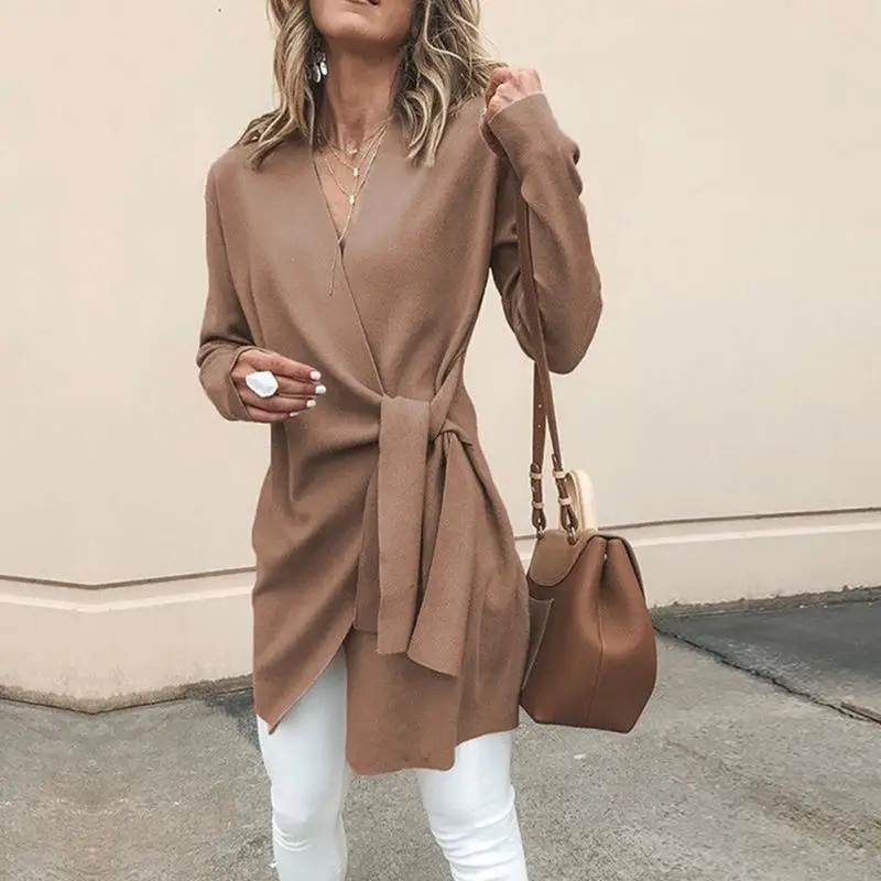 

Women Cardigan style Solid color casual long sleeve Jackets Lace Up Coat Office V Neck Woolen Waist Tie Jacket for autumn winter